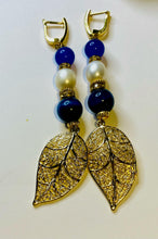 Load image into Gallery viewer, Exotic Cultured Pearl &amp; Blue Agate Gemstone Dangle Earrings with Leaf Charm
