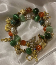 Load image into Gallery viewer, Exotic Green, Orange Tiger Eye Agate &amp; Pearl Gemstone Tibetan Double Wrap Bracelet, Fish Marine Charms
