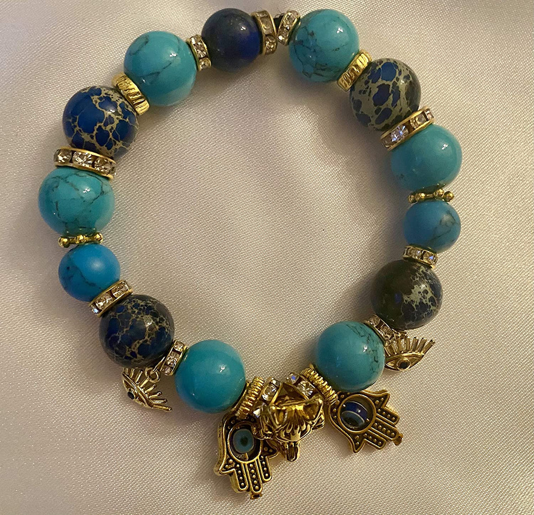 Gemstone Stretch Bracelet Natural Blue Jasper and Turquoise Beads