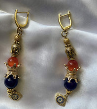 Load image into Gallery viewer, Amethyst and Orange Cat Eye Quartz Gemstone Tibetan Dangle Earrings
