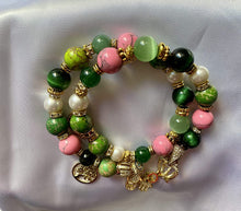 Load image into Gallery viewer, Exotic Pink &amp; Green Jasper, Green Agate &amp; Cultured Pearl Gemstone Tibetan Double Wrap Bracelet
