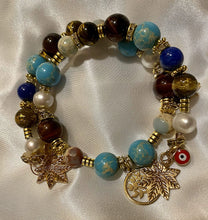 Load image into Gallery viewer, Exotic with Pearl , Tiger Eye, Jasper &amp; Blue Agate Gemstone Good Karma Double Wrap Bracelet
