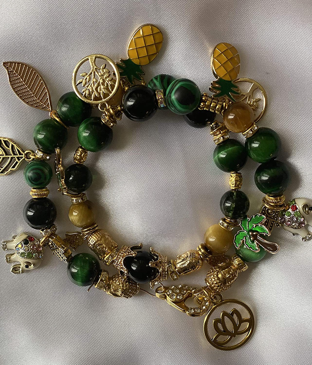 Exotic Green & Gold Tiger Eye & Black Agate Gemstone Double Wrap Bracelet