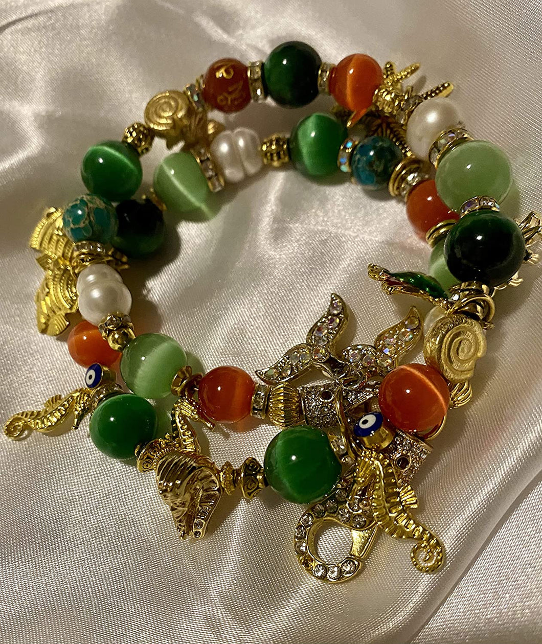 Exotic Green, Orange Tiger Eye Agate & Pearl Gemstone Tibetan Double Wrap Bracelet, Fish Marine Charms